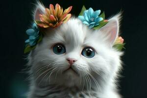 ai generativo fofa branco gato com azul olhos e flor guirlanda em dele cabeça Sombrio fundo 3d ilustração foto