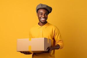 ai generativo sorridente africano americano Entrega homem segurando cartão caixa isolado em amarelo fundo foto