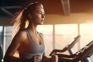 em forma mulher, corrida em a esteira. ai gerado foto