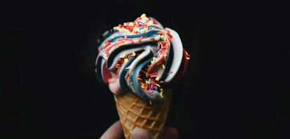 generativo ai, ai gerado, fechar acima uma mão segurando uma colher do vibrante colorida sabor gelo creme em a waffle cone com granulados, Sombrio fundo, festivo celebração foto