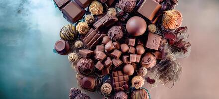 ai gerado, generativo ai, topo Visão vários tipo do chocolate cacau doces misturado sabor luxo vidro placa, cristal bandeja, dentro chique fundo com cópia de espaço, mundo chocolate dia conceito foto