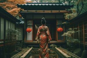 japonês mulher quimono jardim. gerar ai foto