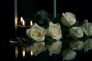 branco rosas queimando velas escuro. gerar ai foto