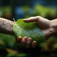 ecológico conceito. tremendo mãos entre natureza e humano foto