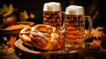 gigante pretzel e espumoso Cerveja canecas em uma rústico de madeira mesa às oktoberfest foto