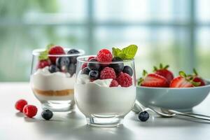 iogurtes com fruta em uma branco mesa. saudável café da manhã. apropriado nutrição. saudável Comida. generativo ai tecnologia foto