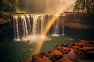 deslumbrante cascata com uma vibrante arco Iris dentro a meio foto
