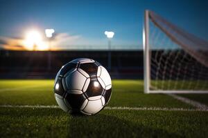 ai generativo futebol bola em a verde Relva e objetivo internet dentro futebol estádio foto