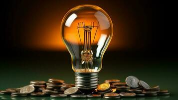 ai generativo Aumentar energia custo conceito. luz lâmpada em topo do uma pilha do moeda foto