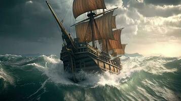navio dentro a tormentoso mar com enorme ondas. gigante tormentoso ondas dentro a oceano e barco. gerado ai. foto