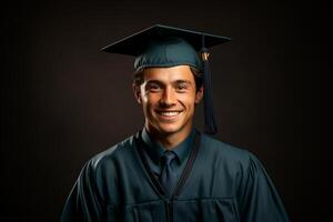 ai generativo jovem graduado com boné em sólido cor fundo sessão de fotos