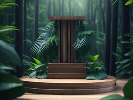 3d render de madeira pódio brincar dentro tropical floresta para produtos apresentação e verde background.generative ai foto