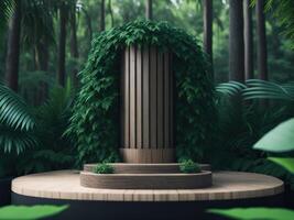 3d render de madeira pódio brincar dentro tropical floresta para produtos apresentação e verde background.generative ai foto