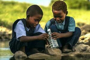 dois africano Rapazes desenhar água para dentro garrafas a partir de uma rio. foto