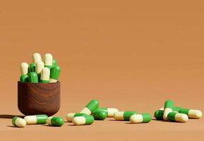 verde remédio tábua pílulas. 3d Renderização. farmacia e cuidados de saúde conceito. drogas conhecimento. natural tema. foto