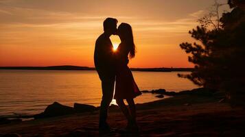 silhueta do uma jovem casal se beijando em a de praia às sunset.generated ai foto