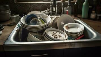 sujo sujo pratos com sobras Comida. cozinha interior, afundar. ai gerado. foto