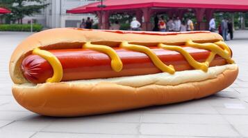 gigante clássico rua velozes Comida quente cachorro com molhos e linguiça dentro a cidade quadrado, casa fundo. ai gerado. foto