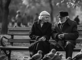 avós dia. a idosos casal dentro uma parque em uma Banco alimentação pombos, monocromático. ai gerado. foto