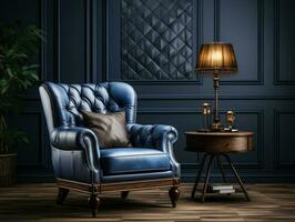 luxo clássico interior com Sombrio azul poltrona , maquetes Projeto 3d, alta qualidade maquetes, generativo ai foto