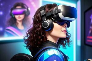 lindo menina vestindo vr fone de ouvido dentro jogos quarto foto