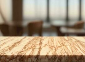 mármore escrivaninha mesa olhando Fora para uma defocussed cafeteria fundo foto
