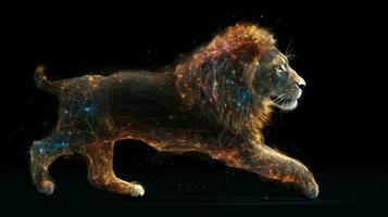 néon abstrato gráfico contornos do uma leão dentro uma pular, uma selvagem animal. Sombrio fundo isolar. ai gerado. foto