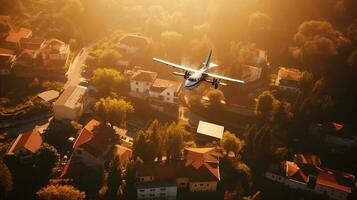 turista avião forro moscas sobre uma tropical mar cidade dentro a manhã Sol. exótico viagem. ai gerado. foto