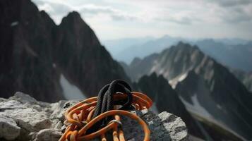 escalada equipamento para ao ar livre Atividades, coberto de neve montanhas topo fundo. ai gerado. foto