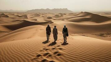 Viajantes dentro a deserto contra a pano de fundo do dunas, tendas e pôr do sol. ai gerado. foto