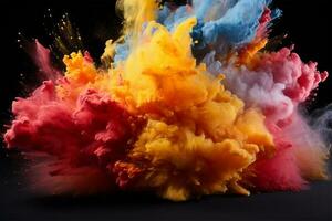 colorida pó explosão em uma Preto fundo, holi festival conceito ai gerado foto