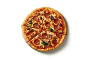 delicioso pizza em branco fundo, topo Visão ai gerado foto