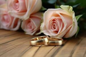 dourado Casamento argolas mentira em madeira pavimentos foto