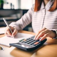 moderno gerado por IA mulher trabalhando com calculadora dentro escritório - o negócio finança e tecnologia conceito foto