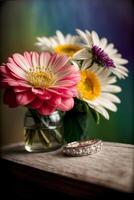 uma vaso preenchidas com flores sentado em topo do uma mesa. ai gerado foto