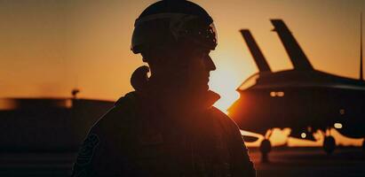 soldado dentro uma galpão às pôr do sol. militares pilotos perto jato lutador às pôr do sol. militares aviação ai gerado foto