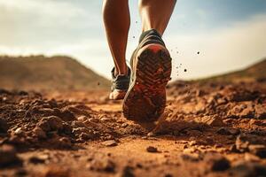 fechar-se do homem trilha corrida em rochoso terreno ai gerado foto