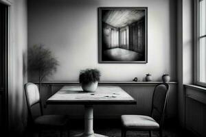 uma Preto e branco foto do uma jantar sala. ai gerado