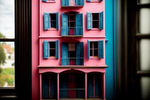 uma Rosa boneca casa com azul persianas e janelas. ai gerado foto