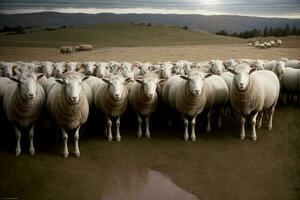 uma rebanho do ovelha em pé Próximo para cada outro. ai gerado foto