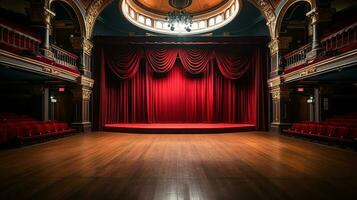 teatro estágio, com vermelho cortina, de madeira chão, cadeiras e iluminação ai generativo foto