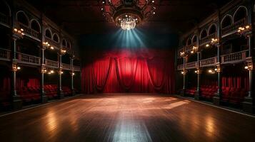 teatro estágio, com vermelho cortina, de madeira chão, cadeiras e iluminação ai generativo foto