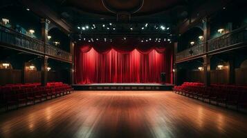 teatro estágio, com vermelho cortina, de madeira chão, cadeiras e iluminação ai generativo foto