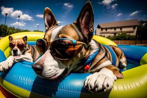 uma cachorro vestindo oculos de sol deitado dentro a inflável piscina. ai gerado foto