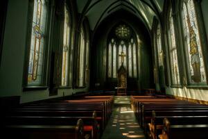 uma Igreja com manchado vidro janelas e bancos. ai gerado foto