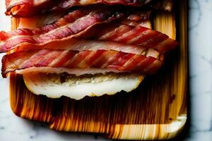 uma de madeira corte borda coberto com fatias do bacon. ai gerado foto