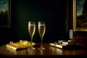dois óculos do champanhe sentado em topo do uma de madeira mesa. ai gerado foto