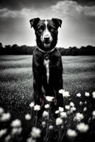 uma Preto e branco cachorro sentado dentro uma campo do flores ai gerado foto