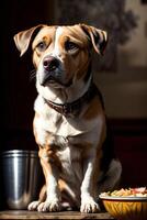 uma Castanho e branco cachorro sentado Próximo para uma tigela do Comida. ai gerado foto