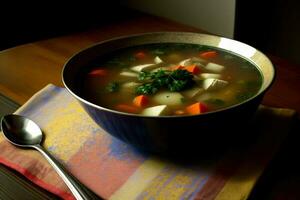 uma tigela do sopa sentado em topo do uma mesa. ai gerado foto